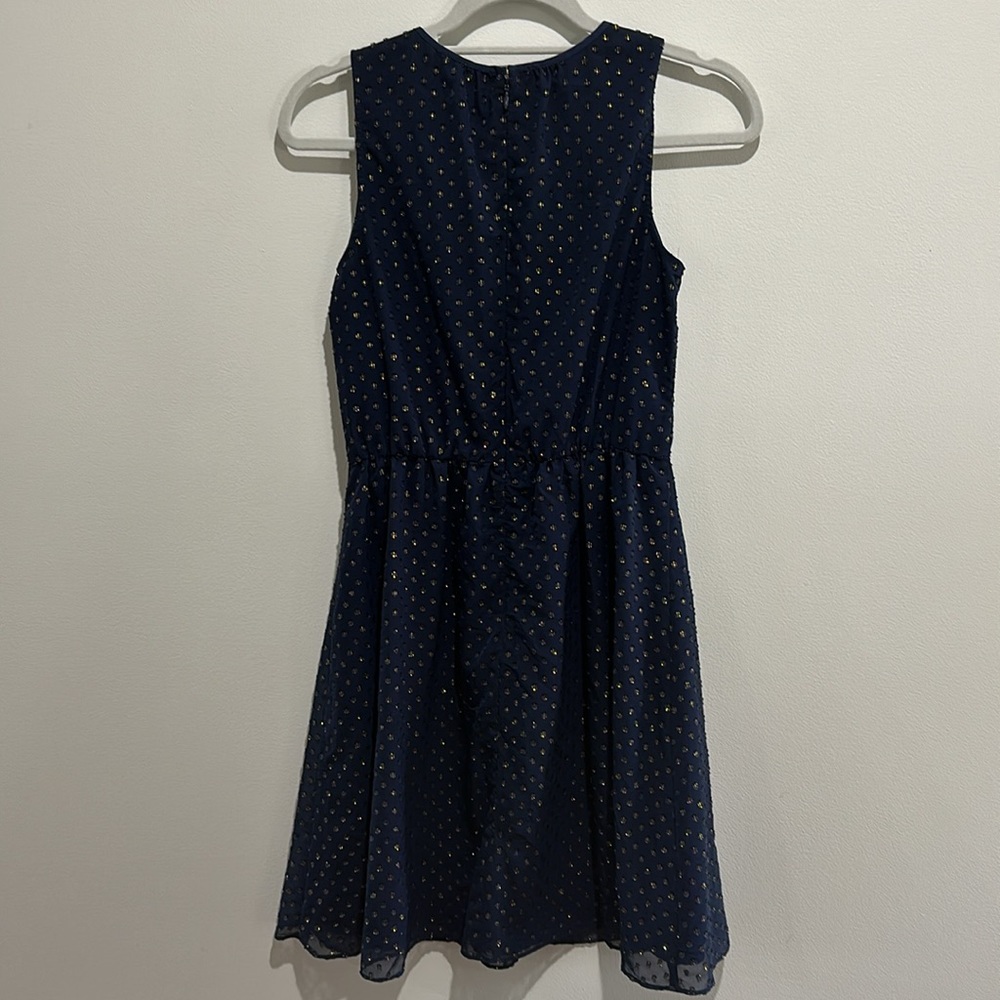 J.CREW Women Navy Metallic Gold Dot Dress Sleeveless Navy Size 0 Zipper Flare - Picture 4 of 4